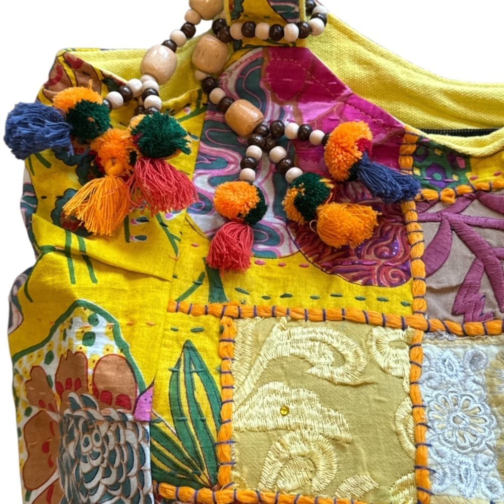 Tribe Azure Fair Trade Cotton Yellow Multi Patchwork Boho Tassel Tote Bag NWOT - Picture 15 of 16